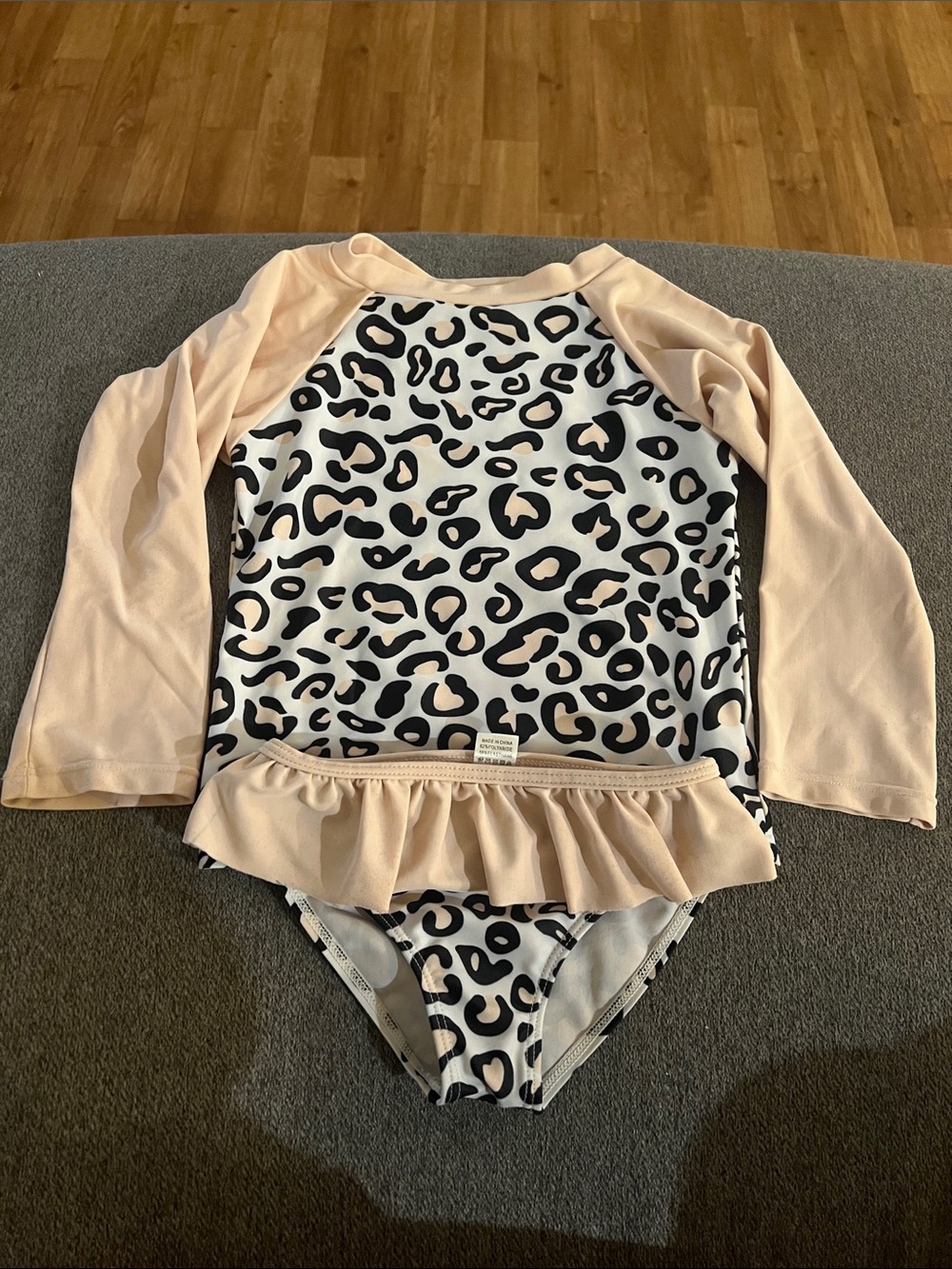 Kids Leopard Print Long-Sleeve Rashguard Swimsuit in Blush